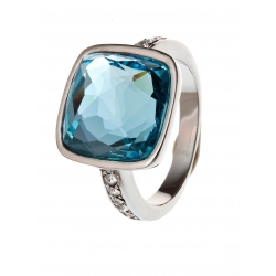 Bague acier verre bleu clair et strass preciosa