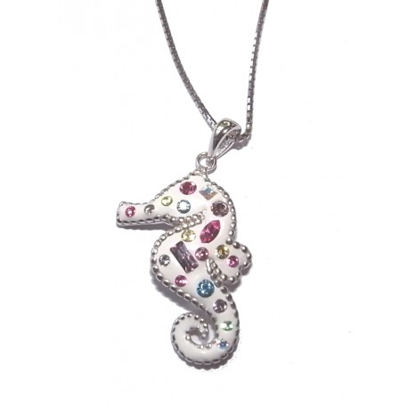 Collier argent rhodié 8g "hippocampe" avec cristal de swarovski 45 cm