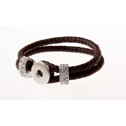 Bracelet fantaisie argenté marron, strass  imitation cuir 19 cm 1 socket pressio