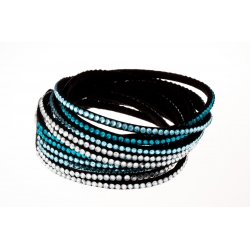 Bracelet fantaisie noir strass blancs et bleus clairs 2 tours - 6 rangs - 40 cm