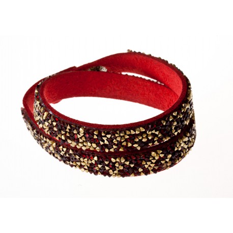 Bracelet fantaisie rouge strass dorés - 2 tours