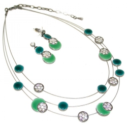 Set collier+BO fantaisie strass+epoxy 3rangs sur cable 40+8cm