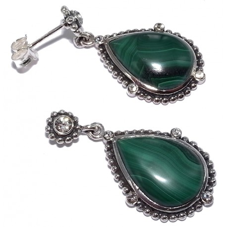 Boucles oreille argent 3,7g malachite et cristal