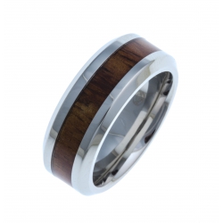 Bague en acier  bois KOA d'Hawaii incrusté - ep, 8mm T 54 à 64