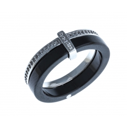 Bague en céramique noire  argent rhodié 2,5g - zircons - ép. 3+2 mm - T 50 à 60