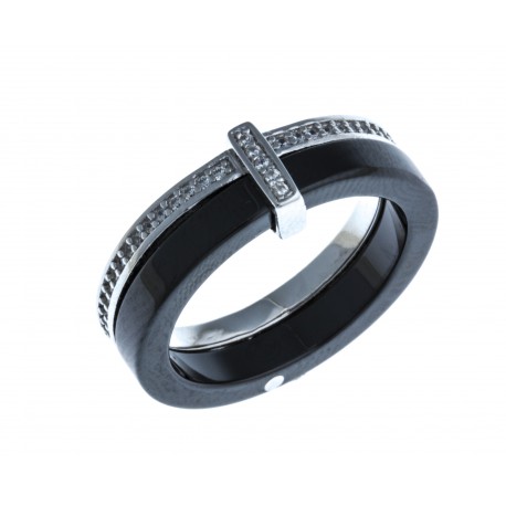 Bague en céramique noire  argent rhodié 2,5g - zircons - ép. 3+2 mm - T 50 à 60