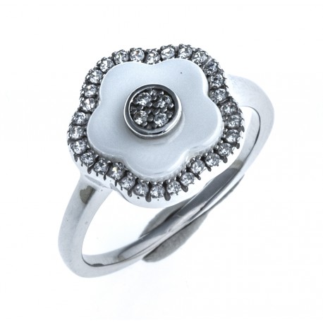 Bague en céramique blanche  argent rhodié 2,7g "fleurs" - zircons - ep. 1,8 mm