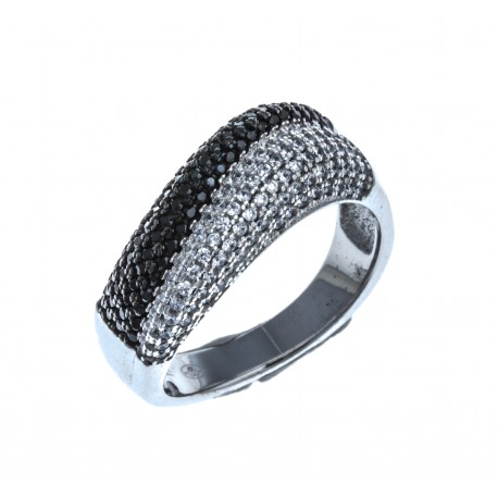 Bague en argent rhodié 6,1g - zircons noirs et blancs - T 50 à 60