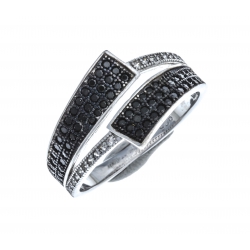 Bague en argent rhodié 2,6g - zircons noirs et blancs - T 50 à 60