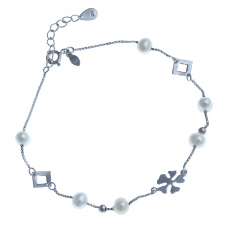 Bracelet en argent rhodié 1,9g - perles véritables blanches - 20+3cm
