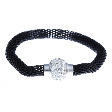 Bracelet fantaisie mailles noires et strass - fermoir aimant - 20 cm