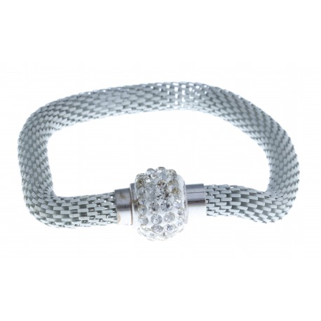Bracelet fantaisie mailles grises et strass - fermoir aimant - 20 cm