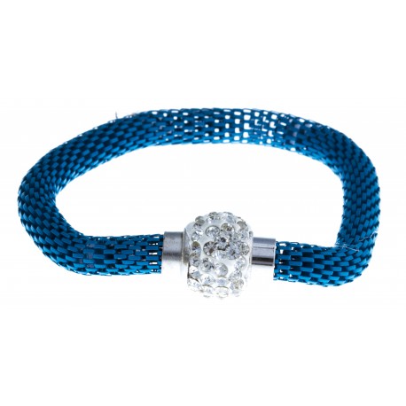 Bracelet fantaisie mailles bleues et strass - fermoir aimant - 20 cm