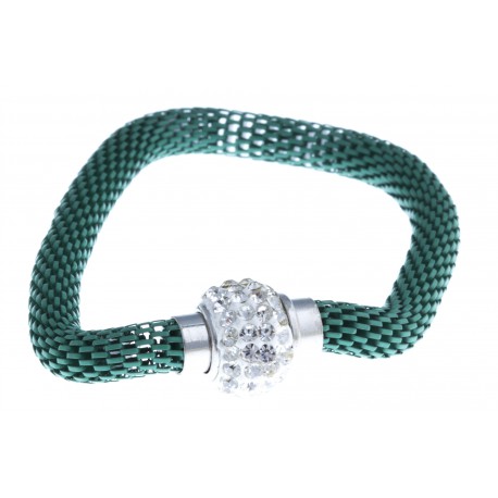 Bracelet fantaisie mailles vertes et strass - fermoir aimant - 20 cm