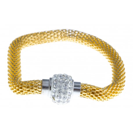 Bracelet fantaisie mailles dorées et strass - fermoir aimant - 20 cm