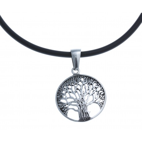 Collier acier "arbre de vie" - caoutchouc noir - 42cm