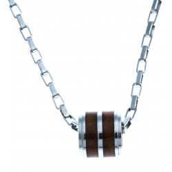 Collier en acier -  bois KOA d'Hawaii incrusté "tonneau" - 50 cm