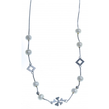 Collier en argent rhodié 2,4g - perles véritables blanches -  43 cm
