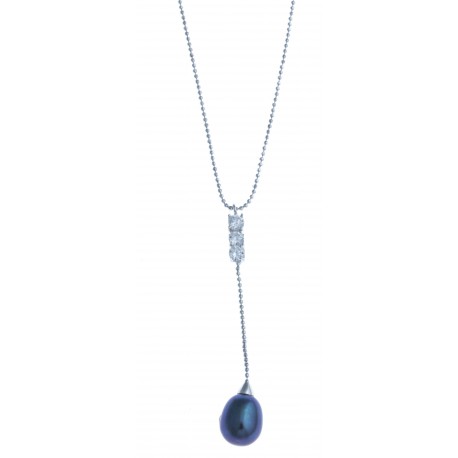 Collier en argent rhodié 2,5g - perle véritable noire - zircons - 41 cm