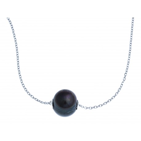 Collier en argent rhodié 2g - perle véritable noire - 43 cm