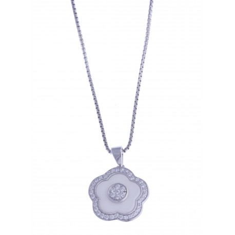 Collier en céramique blanche - argent rhodié 3,8g "fleur" - zircons - 40 cm