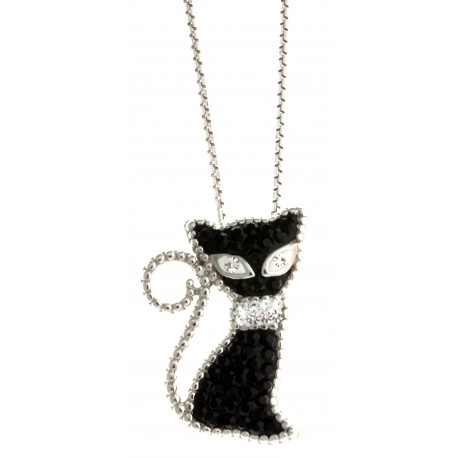 Collier en argent rhodié 4,9g chat - strass preciosa - 40 cm