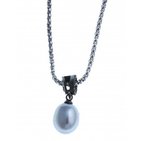 Collier en argent rhodié 3,3g 2 tons - perle véritable grise - zircon noirs 45c