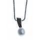 Collier en argent rhodié 3,9g 2 tons - perle véritable blanche zircons noirs 45