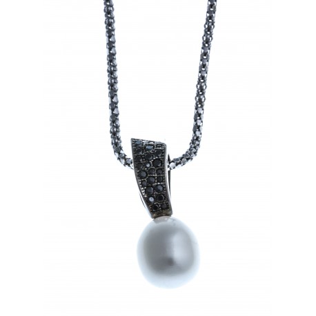 Collier en argent rhodié 3,9g 2 tons - perle véritable blanche zircons noirs 45