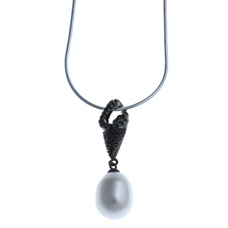 Collier en argent rhodié 4,8g 2 tons - perle véritable blanche zircons noirs 40