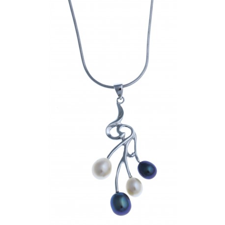 Collier en argent rhodié 4,1g - perles véritables blanches et noir 40 cm