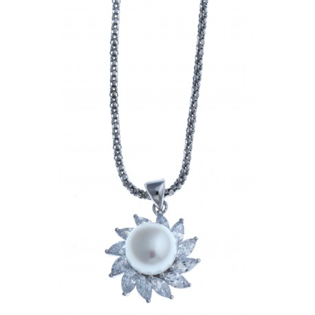 Collier en argent rhodié 4,8g -  perle véritable blanche - zircons - 45 cm