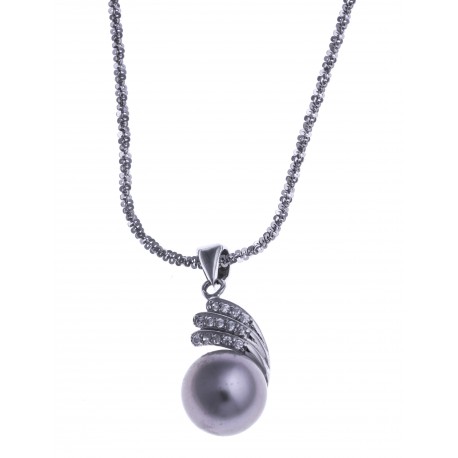 Collier en argent rhodié 3,3g - perle véritable grise - zircons - 40 cm