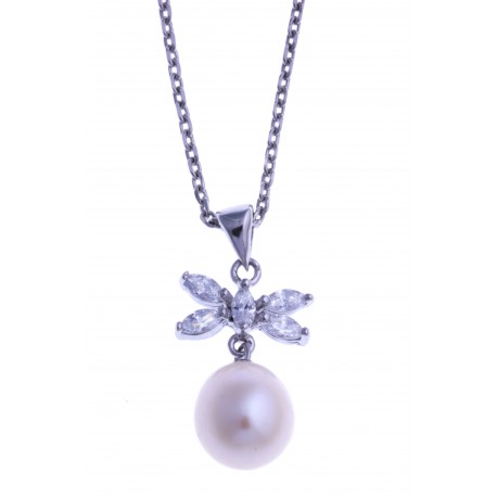 Collier en argent rhodié 3,3g - perle véritable blanche - zircons - 38+5 cm
