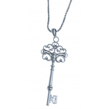 Collier en argent rhodié 9g "clé" - zircons - 45 cm