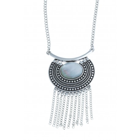 Collier fantaisie - vieil argent - nacre - 39+9 cm