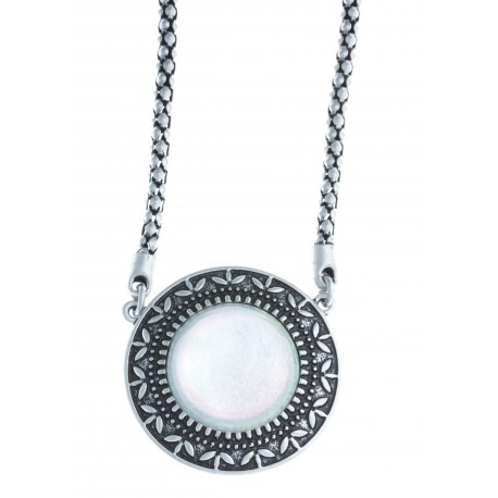 Collier fantaisie - vieil argent - résine blanche - 39+9 cm