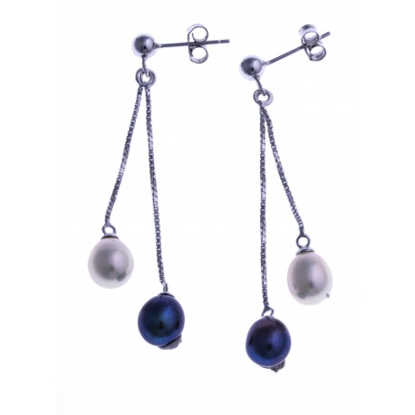 Boucles d'oreille en argent rhodié 1,5g - perles véritables blanches et noirs -