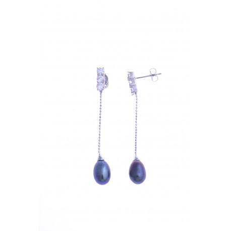 Boucles d'oreille en argent rhodié 1,3g - perles véritables noires - zircons - f