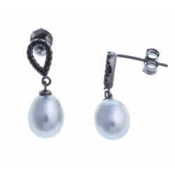 Boucles d'oreille en argent rhodié 1g -  perle véritable grise - zircon noirs -