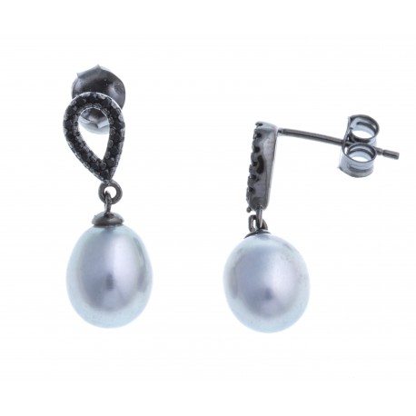 Boucles d'oreille en argent rhodié 1g -  perle véritable grise - zircon noirs -