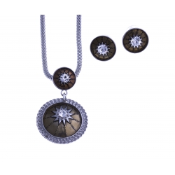 Parure fantaisie - collier plaqué argent email marron - cristal  - 40+9 cm + bou