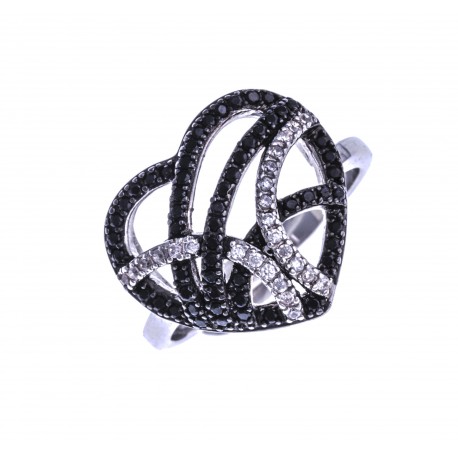 Bague argent rhodié 3,2g "coeur" - zircons noirs et blancs - T 50 à 60