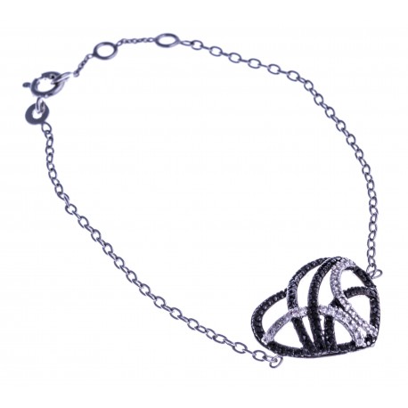 Bracelet argent rhodié 3,1g "coeur" - zircons noirs et blancs - 17+1+1cm