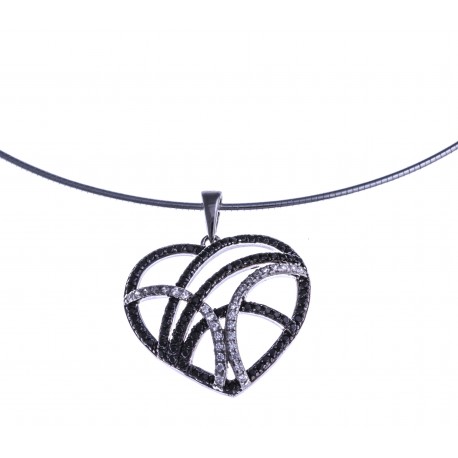 Collier argent rhodié 8,5g "coeur" - zircons noirs et blancs - 38+5cm