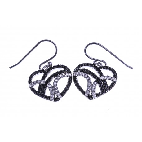 Boucles d'oreille argent rhodié 3,4g "coeur" - zircons noirs et blancs