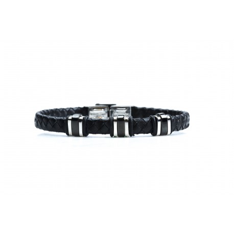 Bracelet acier 2 tons noir et blanc - homme - cuir tressé noir - 21 cm