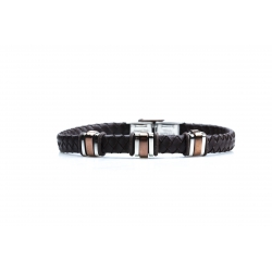 Bracelet acier 2 tons marron et blanc - homme - cuir tressé marron - 21 cm