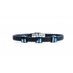 Bracelet acier 2 tons bleu et blanc - homme - cuir tressé bleu - 21 cm