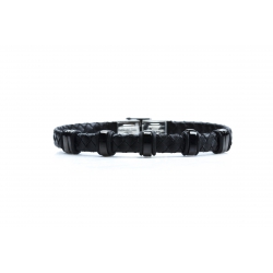 Bracelet acier 2 tons noir et blanc - homme - cuir tressé noir - 21 cm